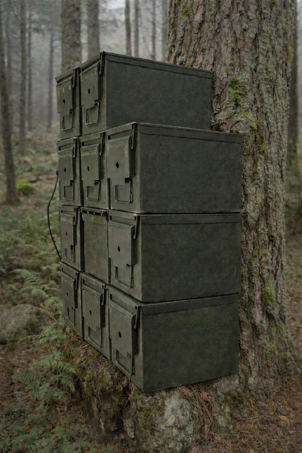 Cunhetes de munições usados como material numa dinâmica de team building de empresa